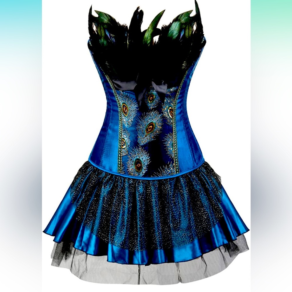 Frawirshau Women's Peacock Blue Lace Up Boned Corset Burlesque Costume, Small